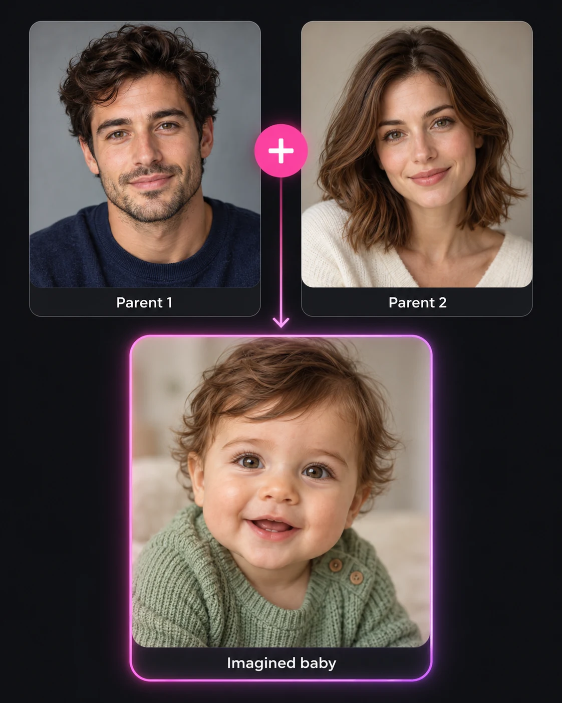 Two adult parent portraits leading to an imagined baby portrait